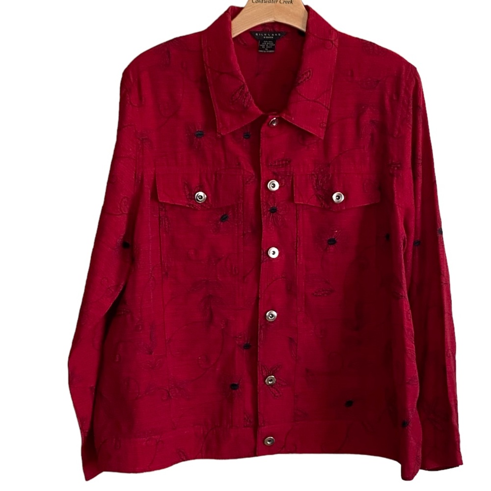 SILKLAND Ruby Red with Black Embroidered Detail Button Front Jacket Size 1X